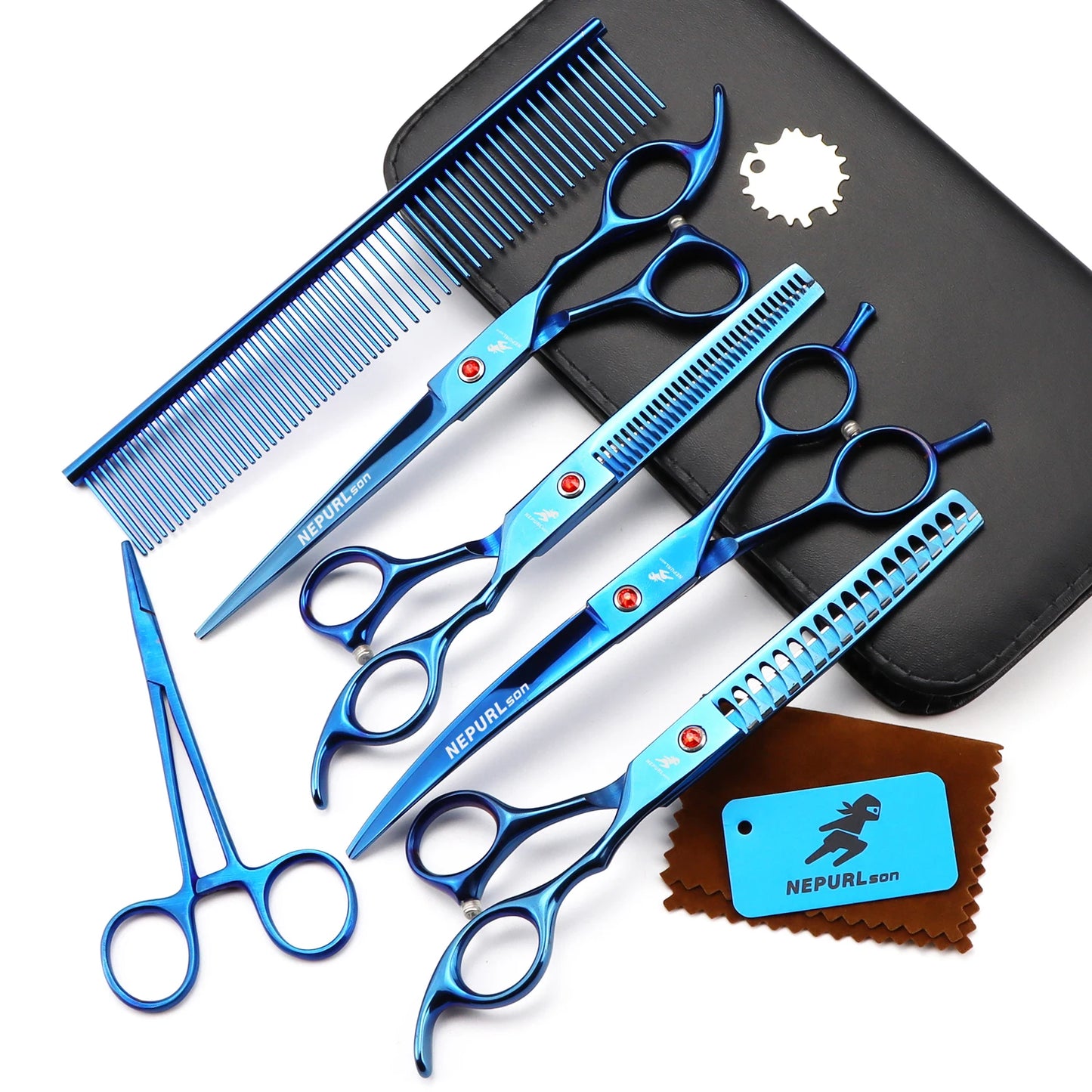 7/8 "Professional pet grooming kit, direct and thinning scissors and curved pieces 4 pieces. ,technicolor black handle