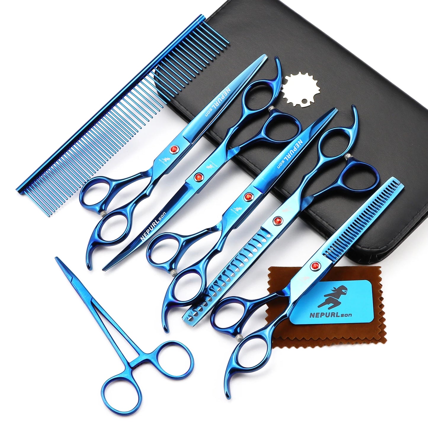 7/8 "Professional pet grooming kit, direct and thinning scissors and curved pieces 4 pieces. ,technicolor black handle