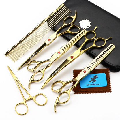 7/8 "Professional pet grooming kit, direct and thinning scissors and curved pieces 4 pieces. ,technicolor black handle