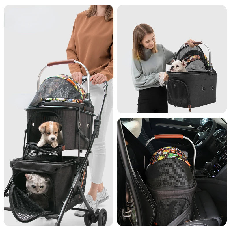 Dog Carriers 4 Wheel Pet Double-layer Stroller Cat Travel Strollers