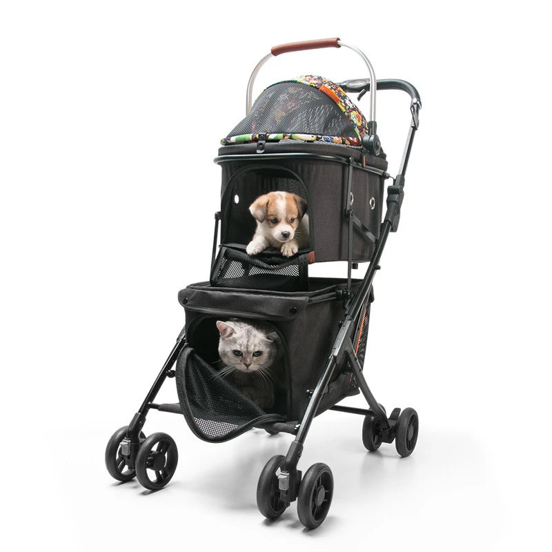 Dog Carriers 4 Wheel Pet Double-layer Stroller Cat Travel Strollers