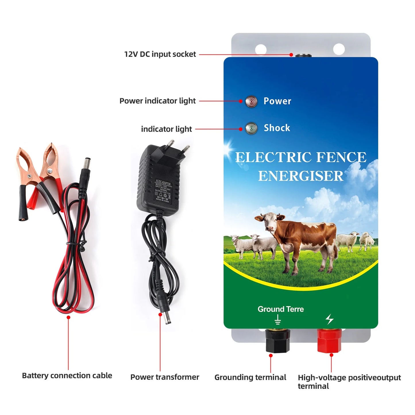 10KM Electric Fence Energizer for Livestock High Voltage Controller for Farm Sheep Cattle, Preventing Wild Animals Intruding