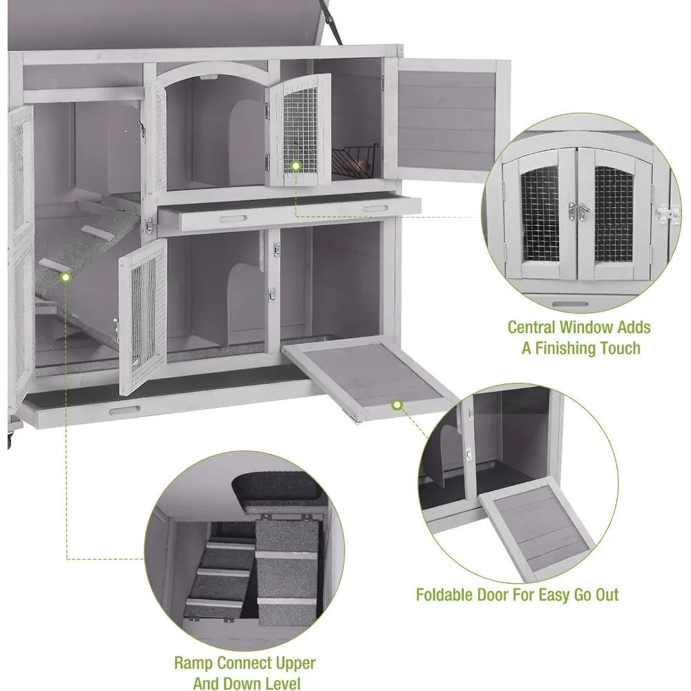 Rabbit Hutch Indoor Outdoor on Wheel with Plastic Tray-47inch