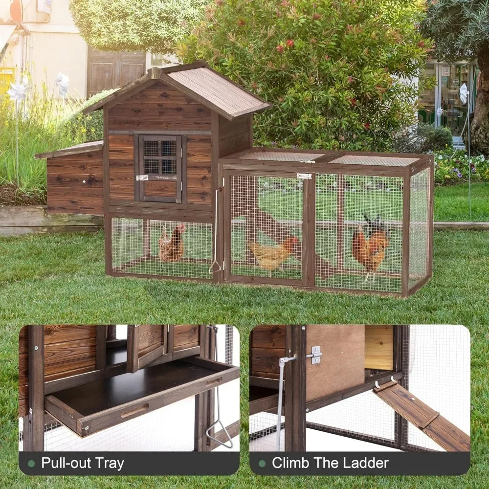 Chicken Coop 80'' Outdoor for Chickens Wooden Hen Fence With Nesting Box & Removable Tray