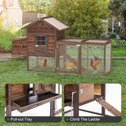 Chicken Coop 80'' Outdoor for Chickens Wooden Hen Fence With Nesting Box & Removable Tray