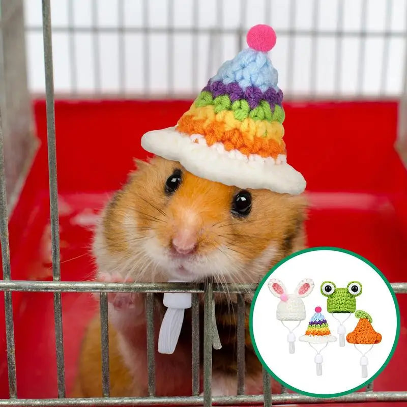 Mini Hamster Hat 4pcs Hand Knitted Pets Guinea Pig Lizards Frog Accessories