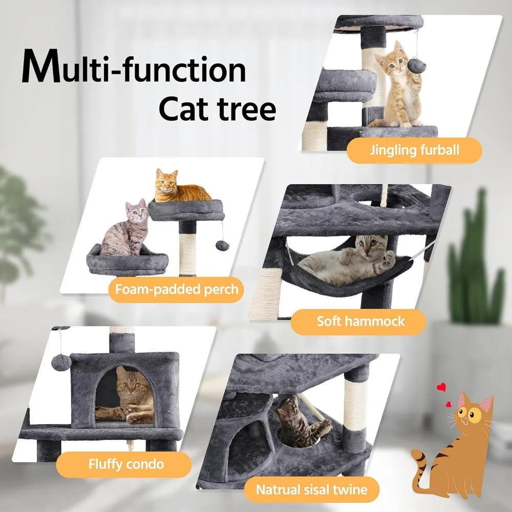 62.2inches Cat Tree Cat Tower Cat Condo with Platform & Hammock, Scratching Posts for Kittens Pet Play House with Plush Perch