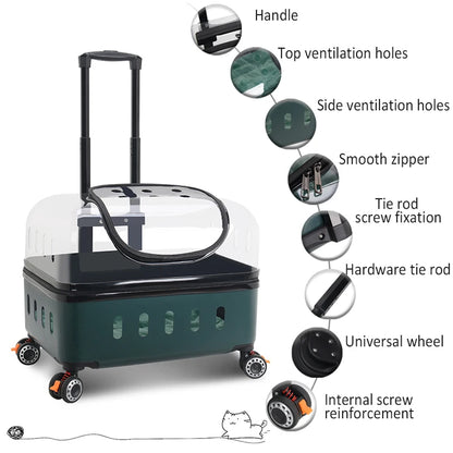 Pet Transparent Trolley Box Dog Cat Portable Pet Carrier with Wheel Telescopic Handle Large