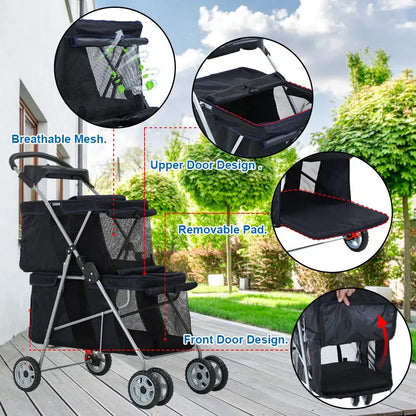 Stroller Cat Pet Carriers Bag Jogger for Small Medium Dogs Cats Travel Camping 4 Wheels Lightweight Waterproof Folding