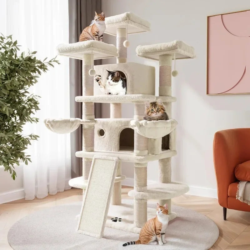 68 Inches Multi-Level Cat Tree Tower with Condo, Plush Perches, Scratching Posts, Hammocks, and Playhouse, Beige