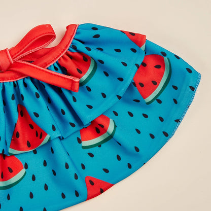 Three-piece Dog Dress for Small Dogs Cool Watermelon Printed Ruffle Apparel