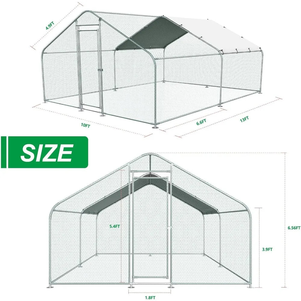 Large Metal Chicken Coop, Outdoor Walk-in Poultry Cage/Kennel With Waterproof Cover and Secure Lock