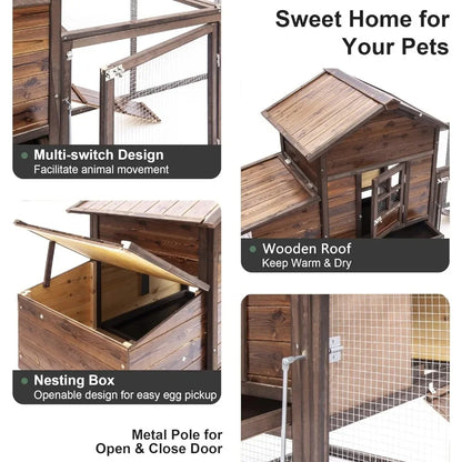 Chicken Coop 80'' Outdoor for Chickens Wooden Hen Fence With Nesting Box & Removable Tray