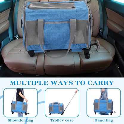 Portable Pet Carrier with Wheels,  Double-Compartment Foldable Pet Carrier with Wheels