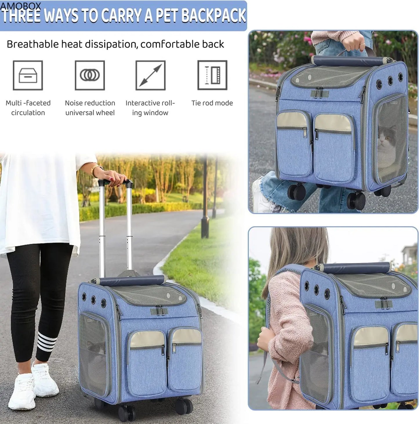 AMOBOX-Pet Carrier Backpack with Detachable 4 Wheels,Travel Stroller Car Seat, Collapsible Breathable Backpack with Mesh Panels