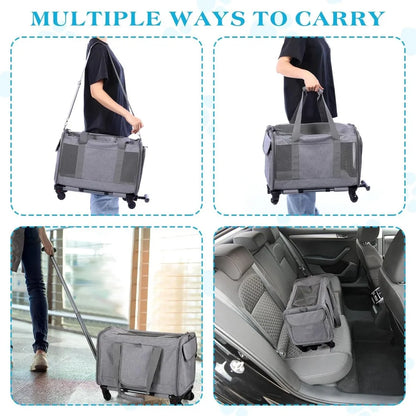 Portable Pet Carrier with Wheels,  Double-Compartment Foldable Pet Carrier with Wheels