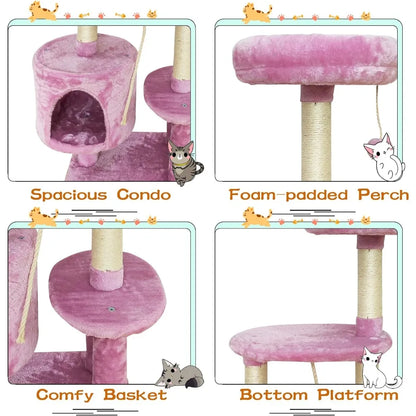 6Pink Cat Tree Tower Condo Sisal Post Scratching Furniture Activity Center