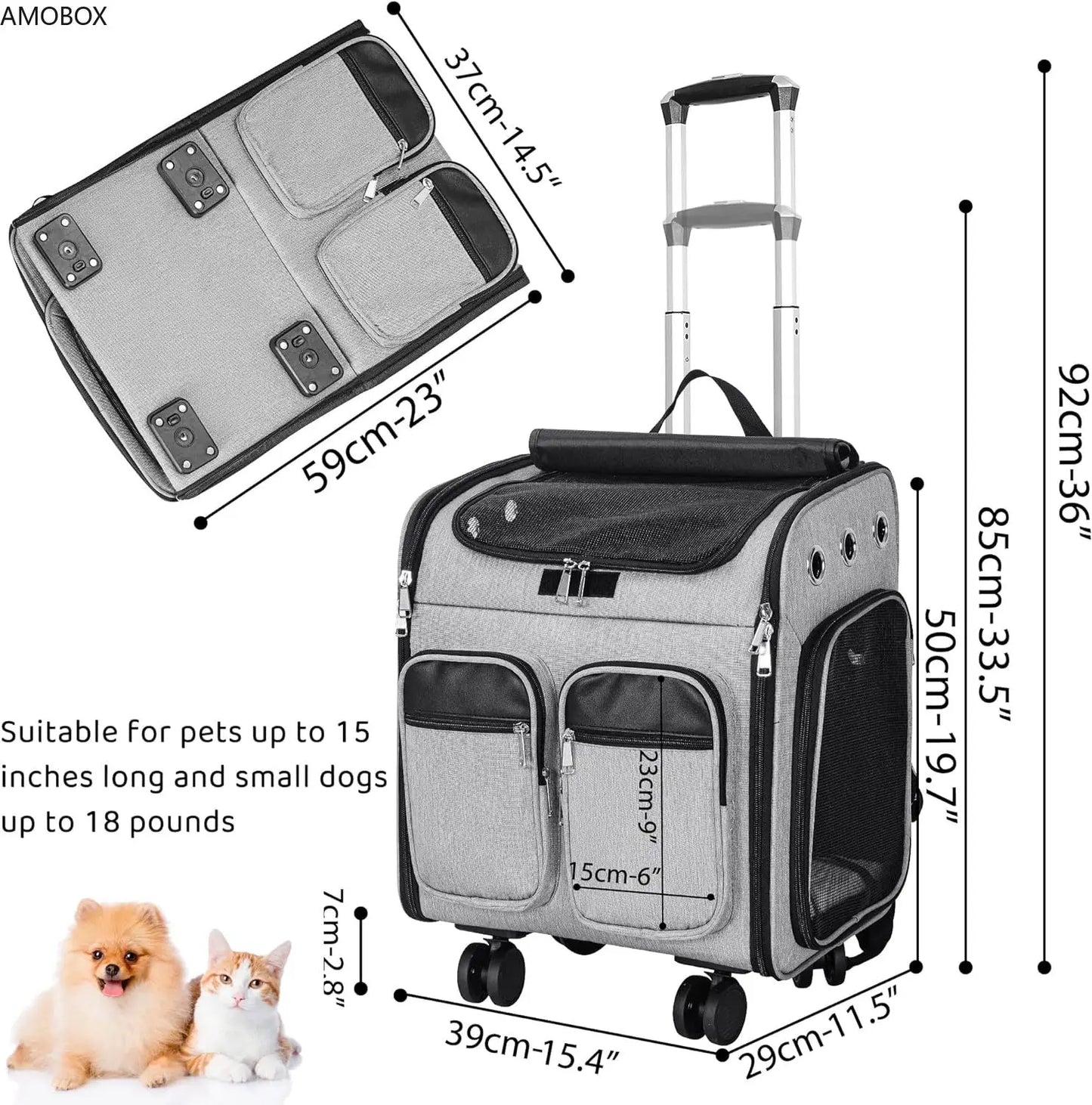 AMOBOX-Pet Carrier Backpack with Detachable 4 Wheels,Travel Stroller Car Seat, Collapsible Breathable Backpack with Mesh Panels