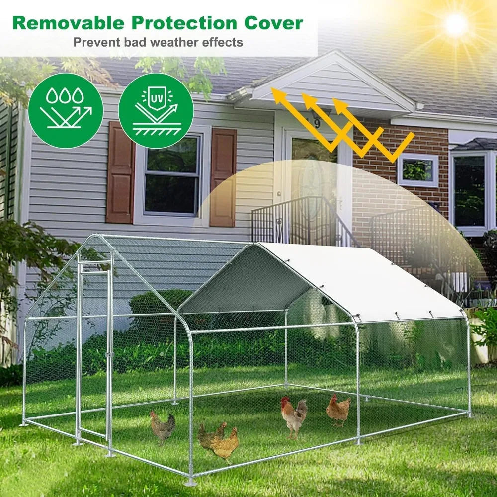 Large Metal Chicken Coop, Outdoor Walk-in Poultry Cage/Kennel With Waterproof Cover and Secure Lock