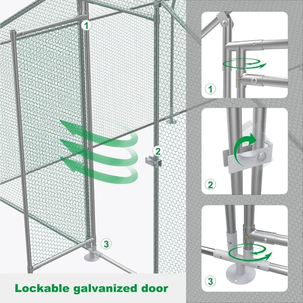 Large Metal Chicken Coop, Outdoor Walk-in Poultry Cage/Kennel With Waterproof Cover and Secure Lock