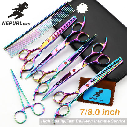 7/8 "Professional pet grooming kit, direct and thinning scissors and curved pieces 4 pieces. ,technicolor black handle