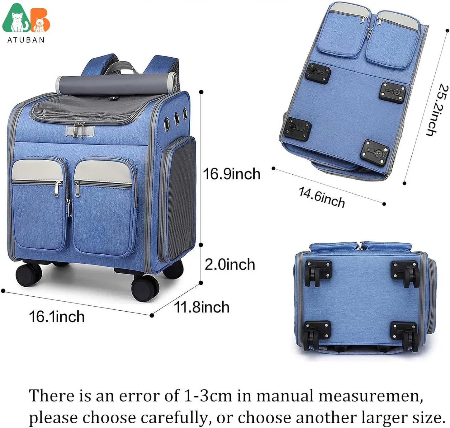 ATUBAN Wheeled Pet Carrier Backpack Pet Rolling Carrier Backpack Removable Wheels