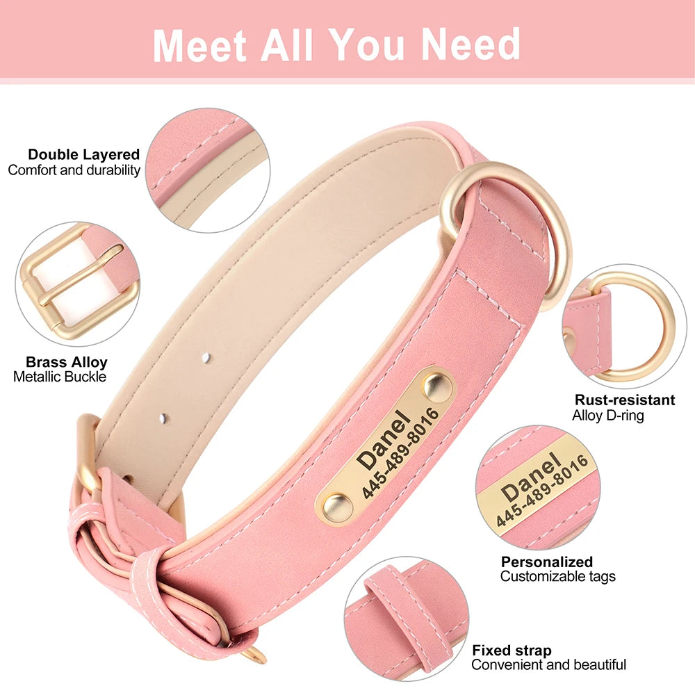 Custom PU Leather Dog Collar Leash Set Personalized Dog Collars Free Engraved Nameplate