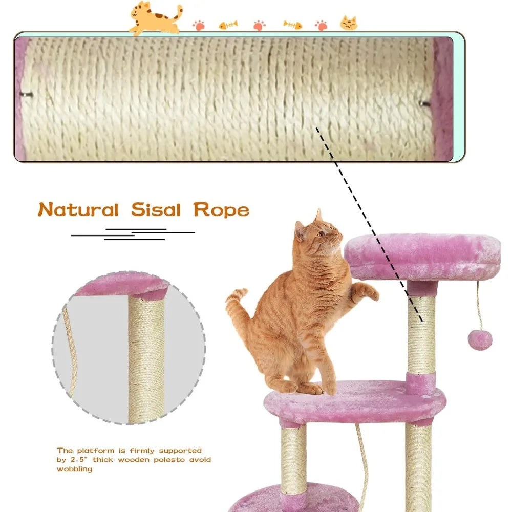 6Pink Cat Tree Tower Condo Sisal Post Scratching Furniture Activity Center