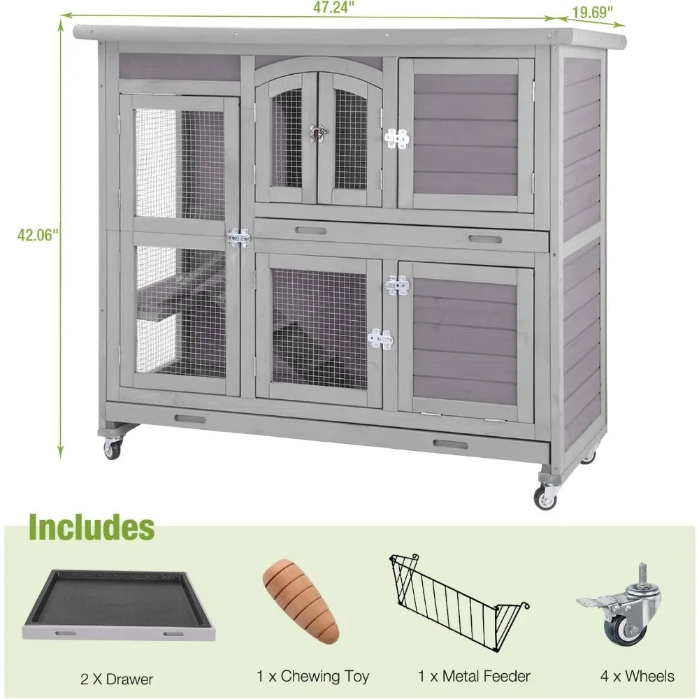 Rabbit Hutch Indoor Outdoor on Wheel with Plastic Tray-47inch