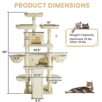 68 Inches Multi-Level Cat Tree Tower with Condo, Plush Perches, Scratching Posts, Hammocks, and Playhouse, Beige