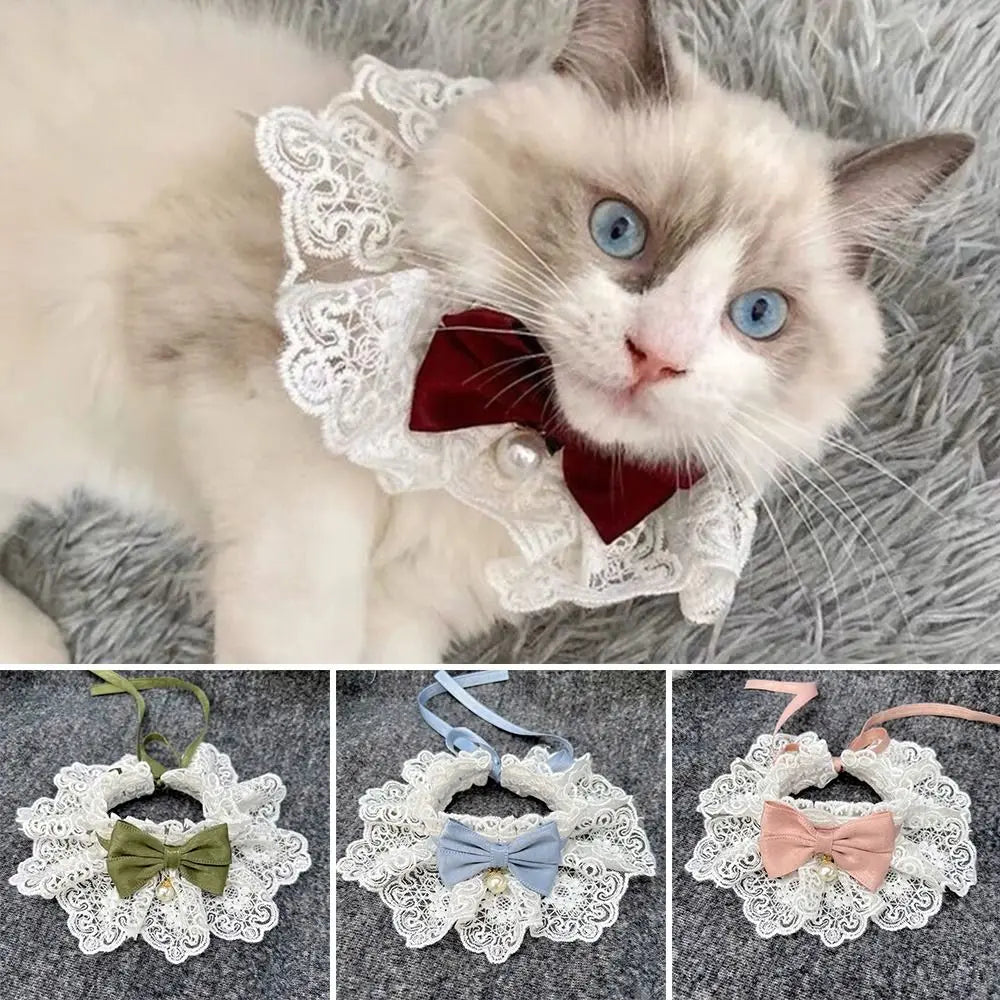 Lace Bowknot Pearl Collar Cat Dog Neckerchief