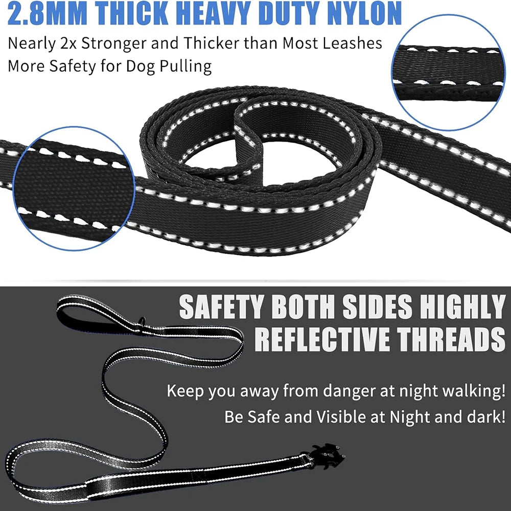 Heavy Duty Dog Leash- Nylon reflective dog leash with Soft Padded 2 Handle & Auto Lock Frog Clip