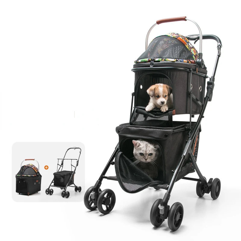 Dog Carriers 4 Wheel Pet Double-layer Stroller Cat Travel Strollers