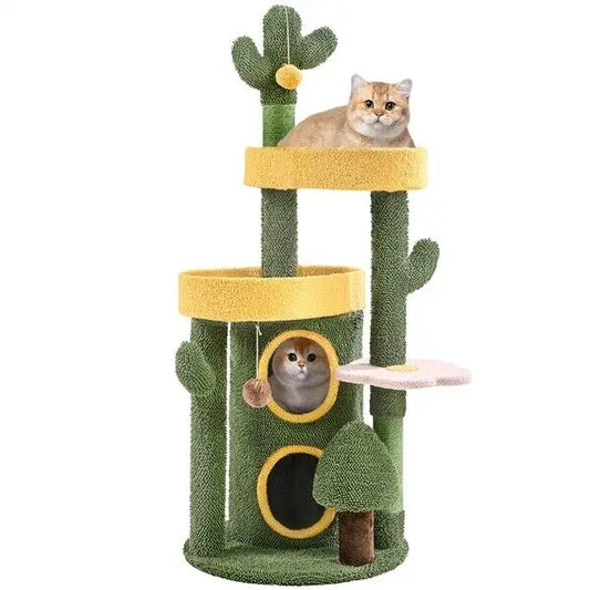 Cactus Cat Tree Play House for Indoor Use, 48.5″ H Oasis-themed Flower Cats Tower w/ 2 Tiers Condo