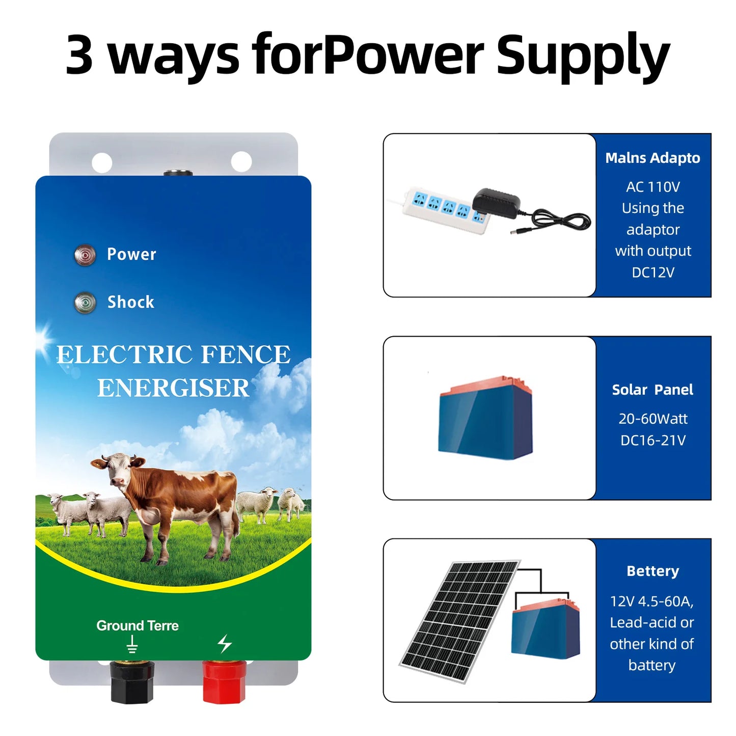 10KM Electric Fence Energizer for Livestock High Voltage Controller for Farm Sheep Cattle, Preventing Wild Animals Intruding