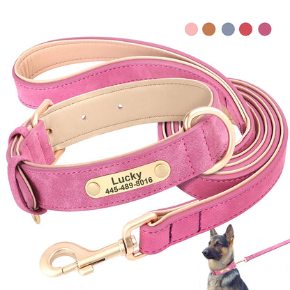 Custom PU Leather Dog Collar Leash Set Personalized Dog Collars Free Engraved Nameplate