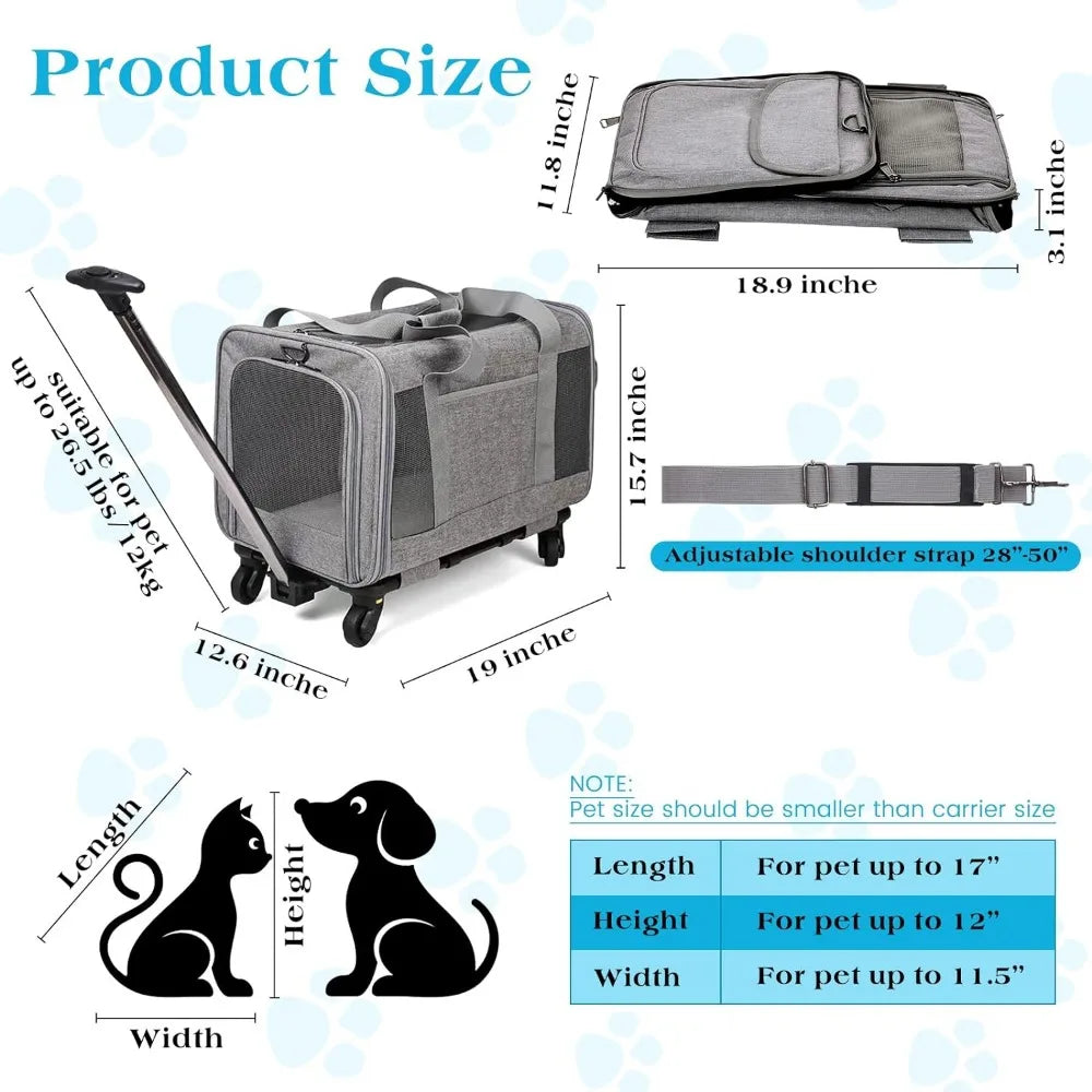 Portable Pet Carrier with Wheels,  Double-Compartment Foldable Pet Carrier with Wheels