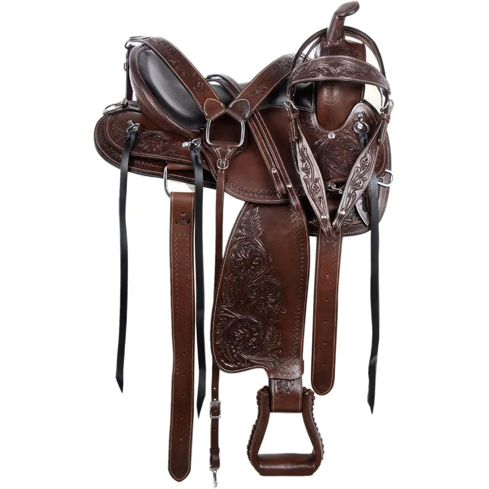 14 15 16 17 18 PLEASURE TRAIL WESTERN BARREL RACER LEATHER HORSE SADDLE HAND TOOLED HEADSTALL REINS BREAST COLLAR