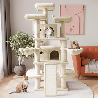 68 Inches Multi-Level Cat Tree Tower with Condo, Plush Perches, Scratching Posts, Hammocks, and Playhouse, Beige