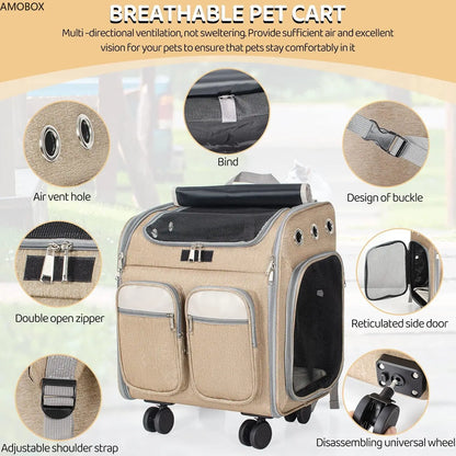 AMOBOX-Pet Carrier Backpack with Detachable 4 Wheels,Travel Stroller Car Seat, Collapsible Breathable Backpack with Mesh Panels