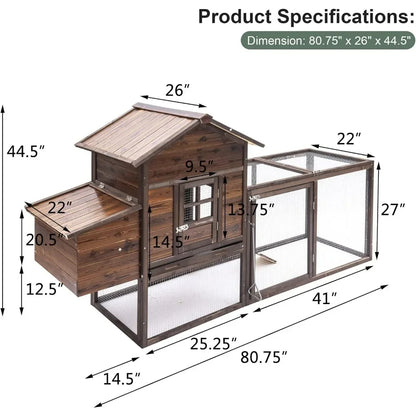 Chicken Coop 80'' Outdoor for Chickens Wooden Hen Fence With Nesting Box & Removable Tray