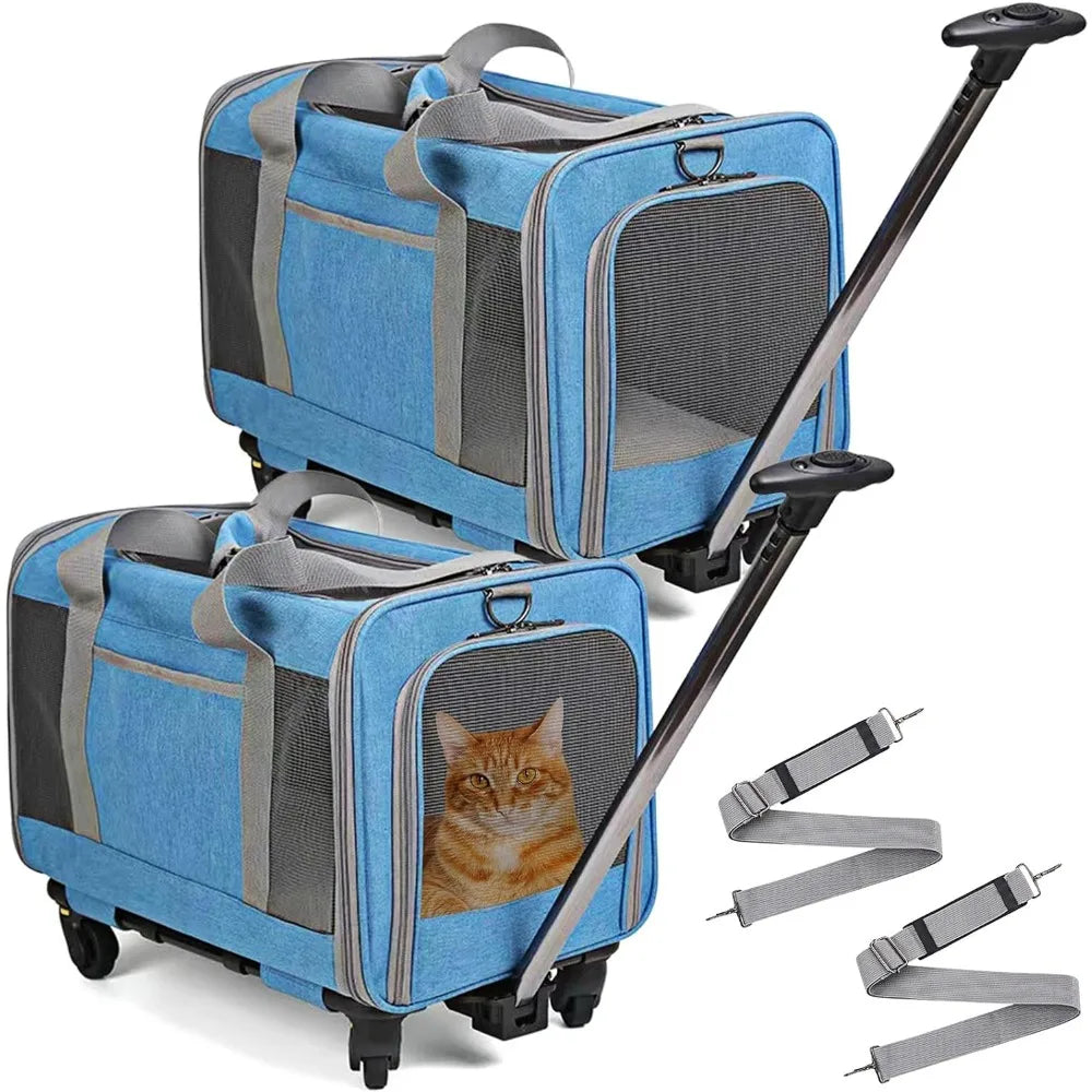 Portable Pet Carrier with Wheels,  Double-Compartment Foldable Pet Carrier with Wheels