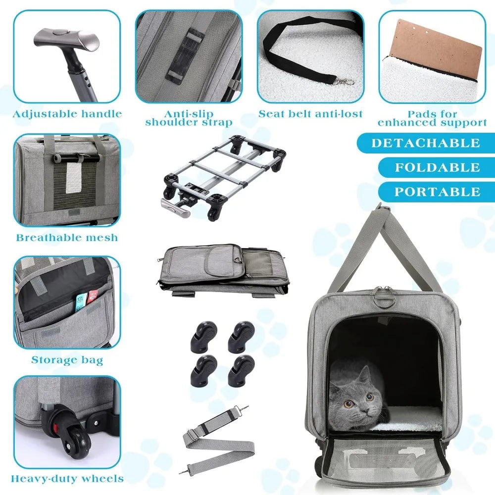 Portable Pet Carrier with Wheels,  Double-Compartment Foldable Pet Carrier with Wheels