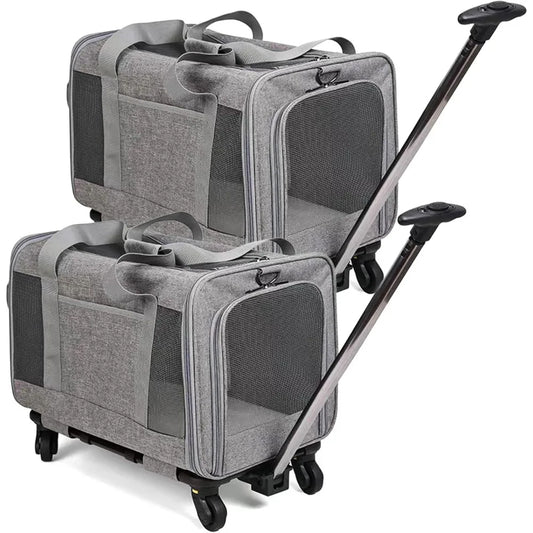 Portable Pet Carrier with Wheels,  Double-Compartment Foldable Pet Carrier with Wheels